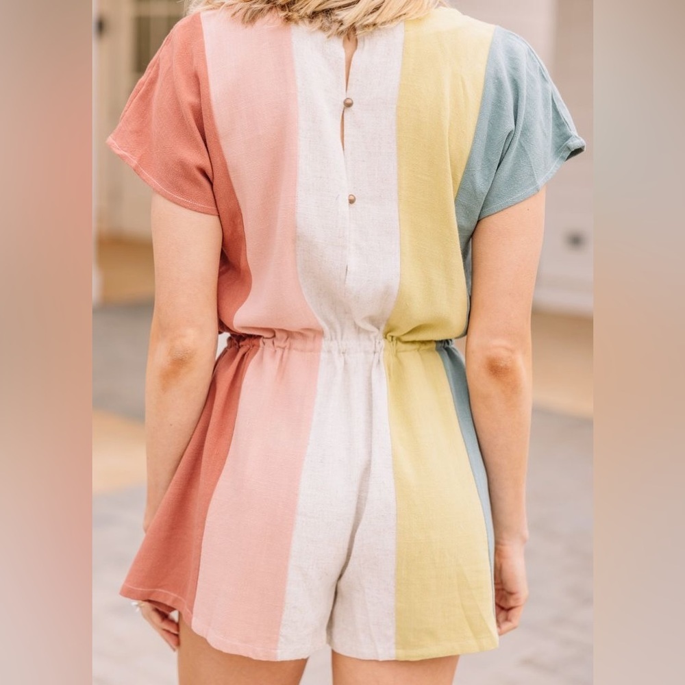 Linen Blend Boho Stripe Colorblock Coastal Romper - image 7